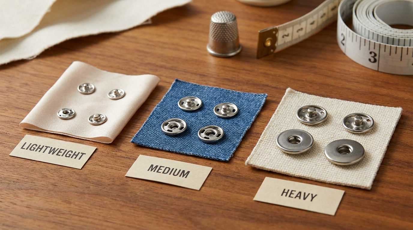 nickel free metal snap buttons, Nickel free metal snap buttons are displayed on lightweight, medium, and heavy fabric samples for comparison.